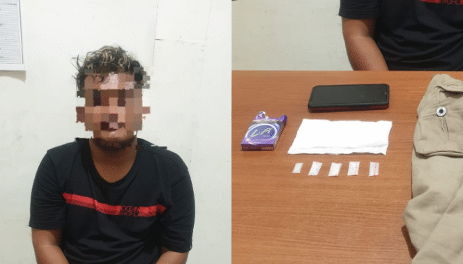 
					Caption: Tersangka Penyalahgunaan Narkotika INP (22) Warga Desa Babulu Darat dan Barang Bukti (BB). Poto: Istimewa