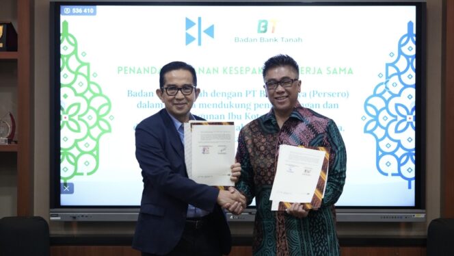 
					Foto: Badan Bank Tanah melakukan penandatangan kerja sama dengan Otorita Ibu Kota Nusantara (OIKN) melalui anak perusahaannya, PT Bina Karya (Persero) dalam membangun dan mengembangkan IKN. (DOK. Istimewa)