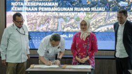 Foto: Otorita IKN dan Satuan Kerja Khusus Pelaksana Kegiatan Usaha Hulu Minyak dan Gas Bumi (SKK Migas) tandatangani Nota Kesepahaman tentang Kemitraan Pembangunan Ruang Hijau. (DOK. Istimewa)