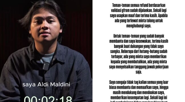 Foto: Tangkapan layar video Aldy Maldini saat meminta maaf dan tulisan permintaan maaf yang ia unggah di instagram (Dok. instagram/aldymldni)