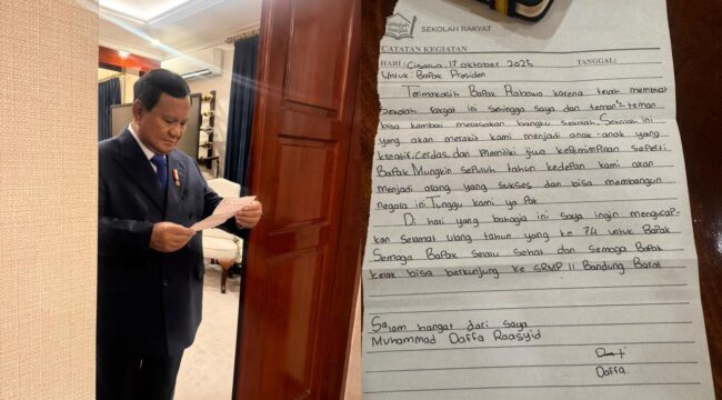 Foto: Presiden Prabowo Subianto menerima surat tulisan tangan dari Muhammad Daffa Raasyid, siswa Sekolah Rakyat Menengah Pertama II Bandung Barat, yang berisi ucapan terima kasih atas kesempatan belajar melalui program Sekolah Rakyat. (Dok. BPMI Setpres)